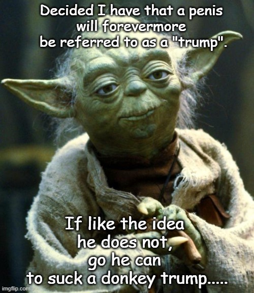 Respectfully say I | Decided I have that a penis 
will forevermore 
be referred to as a "trump". If like the idea 
he does not, 
go he can 
to suck a donkey trump..... | image tagged in star wars yoda | made w/ Imgflip meme maker