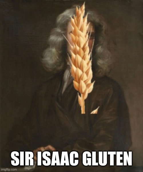 Sir Isaac Gluten | Sir Isaac Gluten | image tagged in science,isaac newton,sir isaac newton,gluten,history | made w/ Imgflip meme maker