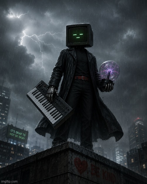 Nobody: Badass CRT-headed guy holding a plasma globe and MIDI Keyboard: | image tagged in img_1437 png | made w/ Imgflip meme maker