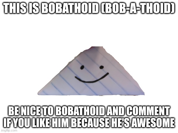 Bobathoid | This is bobathoid (bob-a-thoid); be nice to bobathoid and comment if you like him because he's awesome | image tagged in paper,thingy,idk man,oooh look a tag | made w/ Imgflip meme maker