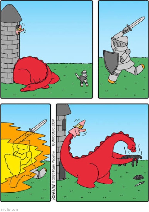They keep falling for that | image tagged in comics,buni comics,red dragon,princess,knight,burned to a crisp | made w/ Imgflip meme maker