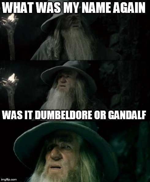 Confused Gandalf Meme | WHAT WAS MY NAME AGAIN  WAS IT DUMBELDORE OR GANDALF | image tagged in memes,confused gandalf | made w/ Imgflip meme maker