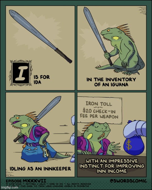 image tagged in i,sword,ida,iguana,innkeeper,income | made w/ Imgflip meme maker