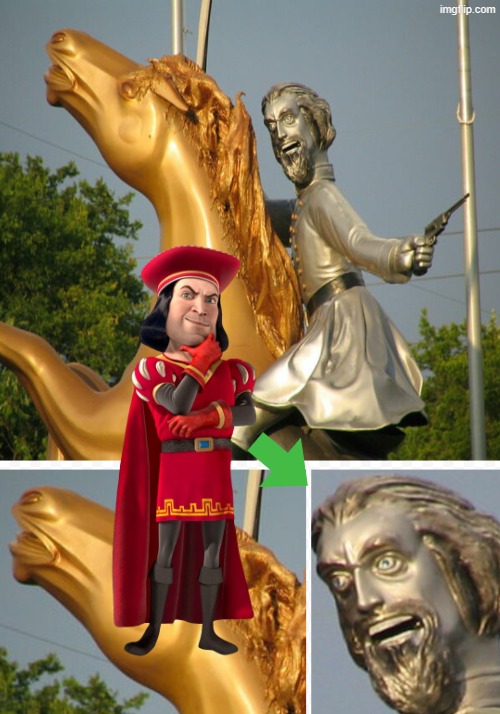 the famous Nashville ugly statue reminds me of lord farquaad (shush) | image tagged in nathan bedford forrest,shrek,confederate | made w/ Imgflip meme maker