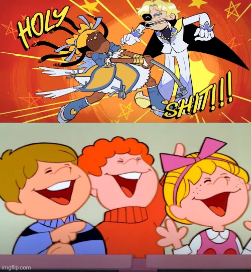 The children are laughing at Aika hitting Eclipse with a lead pipe. | image tagged in pretty pretty please i don't want to be a magical girl,magical girl,funny,metal pipe,i don't want to be a magical girl,laughing | made w/ Imgflip meme maker