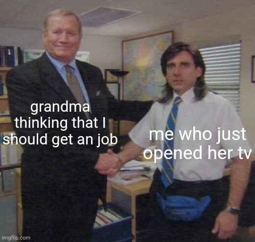 the office congratulations | grandma thinking that I should get an job; me who just opened her tv | image tagged in the office congratulations,grandma finds the internet,sure grandma let's get you to bed,epic handshake,funny,memes | made w/ Imgflip meme maker