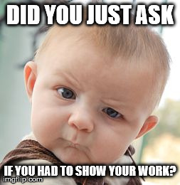 Skeptical Baby Meme | DID YOU JUST ASK IF YOU HAD TO SHOW YOUR WORK? | image tagged in memes,skeptical baby | made w/ Imgflip meme maker