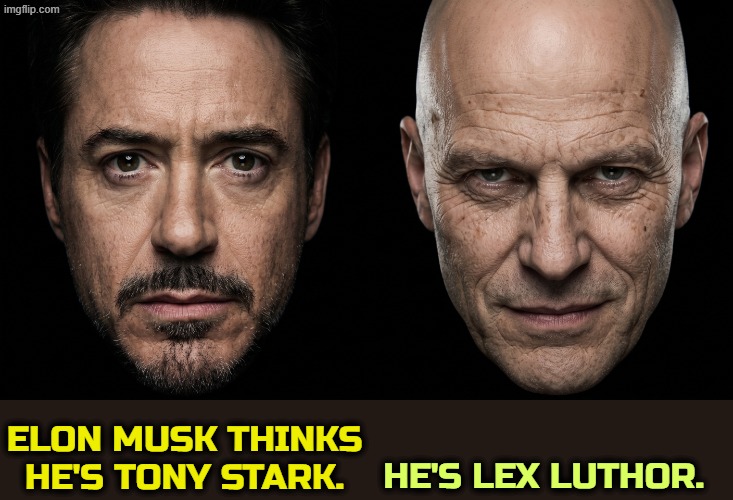 Elon Musk wants to pick our presidents for us. Do you want him to? | Elon Musk thinks he's Tony Stark. He's Lex Luthor. | image tagged in elon musk,tony stark,lex luthor,dirtbag,anti-semite and a racist,white supremacy | made w/ Imgflip meme maker