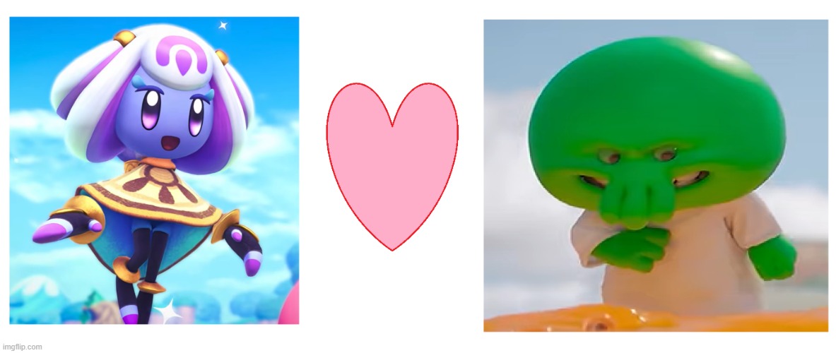 I have shipped this new Kirby Character with Goomi from Minions and Monsters | image tagged in kirby,kirby and the world beyond,minions and monsters,crossover,meme,relationships | made w/ Imgflip meme maker