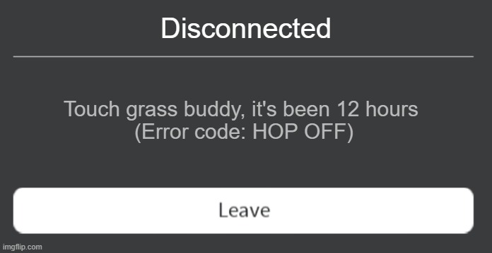 hop off buddy | Disconnected; Touch grass buddy, it's been 12 hours 

(Error code: HOP OFF) | image tagged in roblox error code with leave button,memes,roblox,disconnect | made w/ Imgflip meme maker
