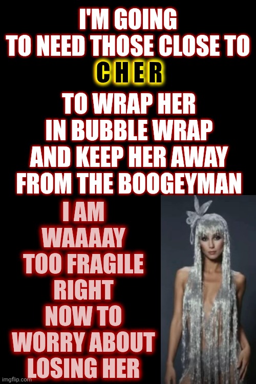 Cher | I'm going to need those close to
C H E R; C H E R; To wrap her in bubble wrap and keep her away from the boogeyman; I am waaaay too fragile right now to worry about losing her | image tagged in memes,cher,bubble wrap,protection,national treasure,simply the best | made w/ Imgflip meme maker