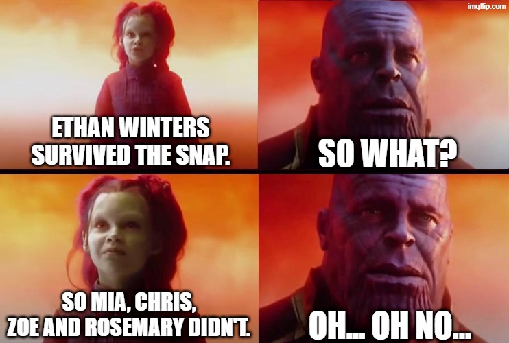 Image Title | So what? Ethan Winters survived the snap. Oh... Oh no... So Mia, Chris, Zoe and Rosemary didn't. | image tagged in what did it cost,walk em down winters,ethan winters,resident evil | made w/ Imgflip meme maker