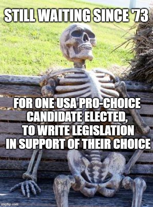 Waiting Skeleton Meme | Still waiting since '73; for one usa pro-choice 
candidate elected, 
to write legislation
in support of their choice | image tagged in memes,waiting skeleton | made w/ Imgflip meme maker