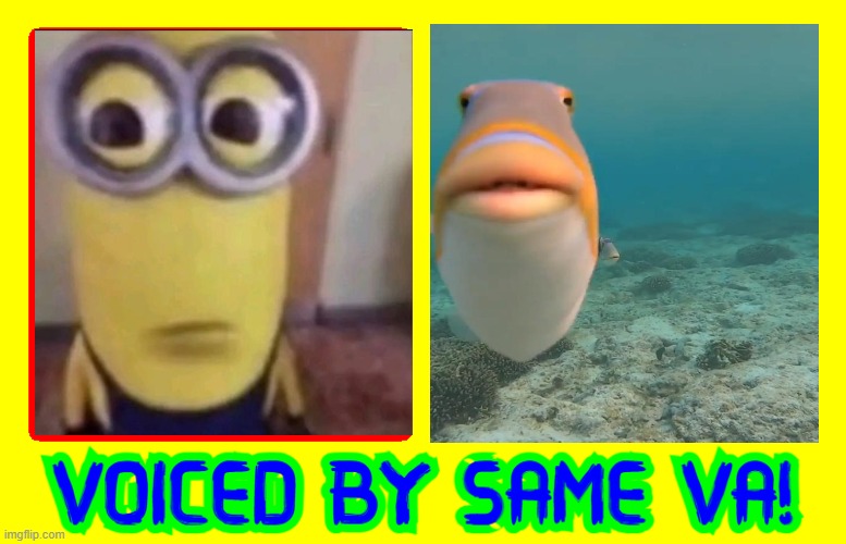Voice by same VA but ruined by minion and fish | image tagged in voiced by same va,i ruined it | made w/ Imgflip meme maker