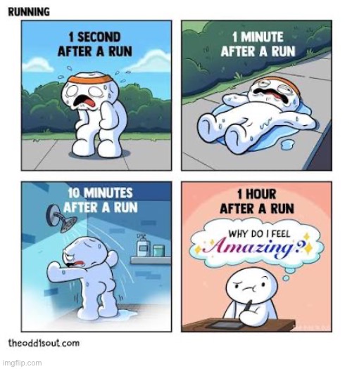 The Odd 1s Out | image tagged in comics,the odd 1s out,jogging,time after,feeling badly,feeling amazing | made w/ Imgflip meme maker