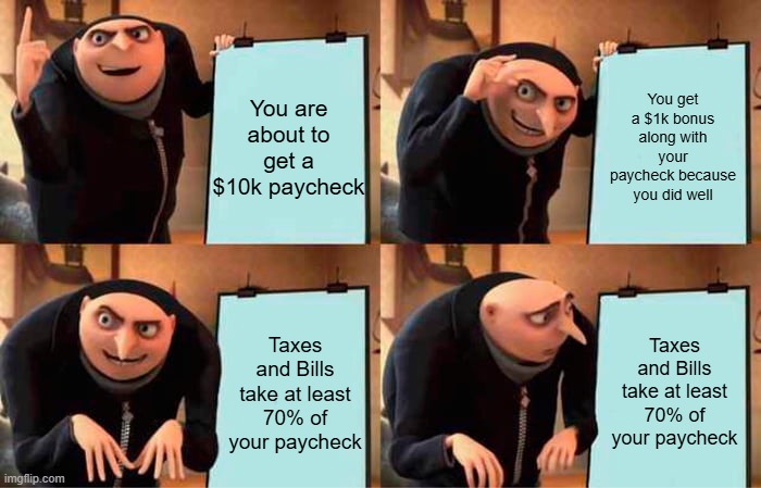 Jobs irl | You are about to get a $10k paycheck; You get a $1k bonus along with your paycheck because you did well; Taxes and Bills take at least 70% of your paycheck; Taxes and Bills take at least 70% of your paycheck | image tagged in memes,gru's plan,funny,job,paycheck,reality | made w/ Imgflip meme maker
