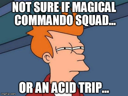 Futurama Fry | NOT SURE IF MAGICAL COMMANDO SQUAD... OR AN ACID TRIP... | image tagged in memes,futurama fry | made w/ Imgflip meme maker