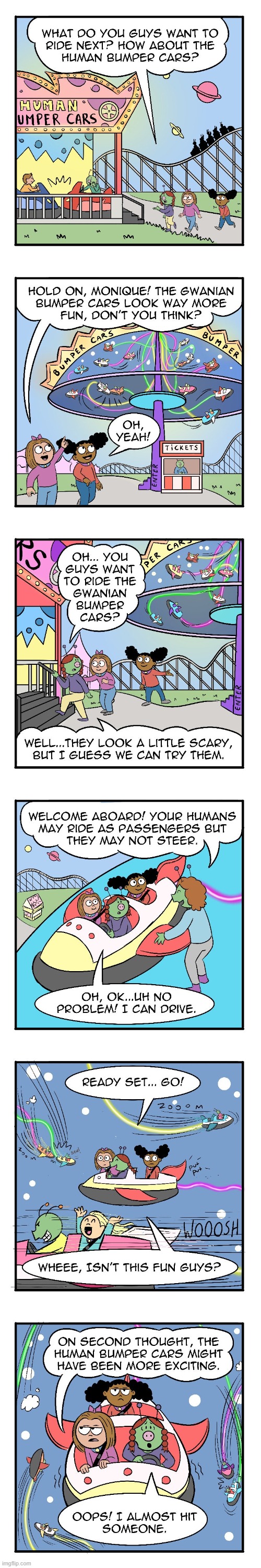 image tagged in humans,sally,monique,alien,bumper cars,rockets | made w/ Imgflip meme maker