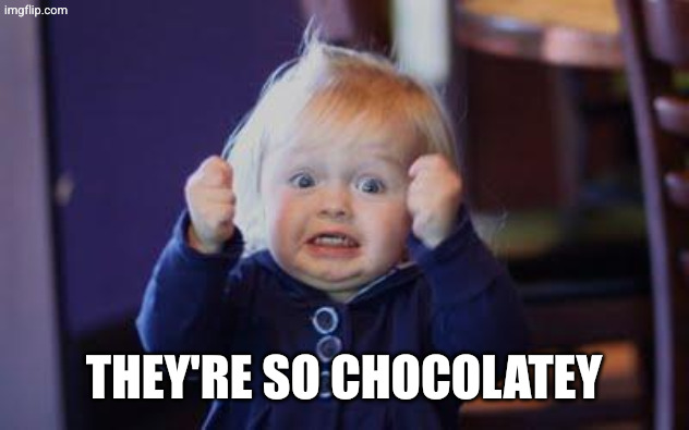 excited kid | They're so chocolatey | image tagged in excited kid | made w/ Imgflip meme maker