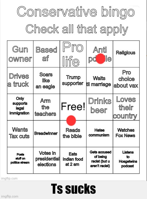 Conservative bingo | Ts sucks | image tagged in kill me | made w/ Imgflip meme maker