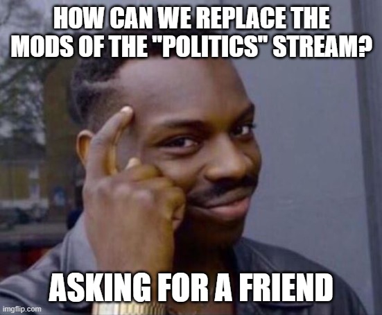 black guy pointing at head | how can we replace the mods of the "politics" stream? asking for a friend | image tagged in black guy pointing at head | made w/ Imgflip meme maker