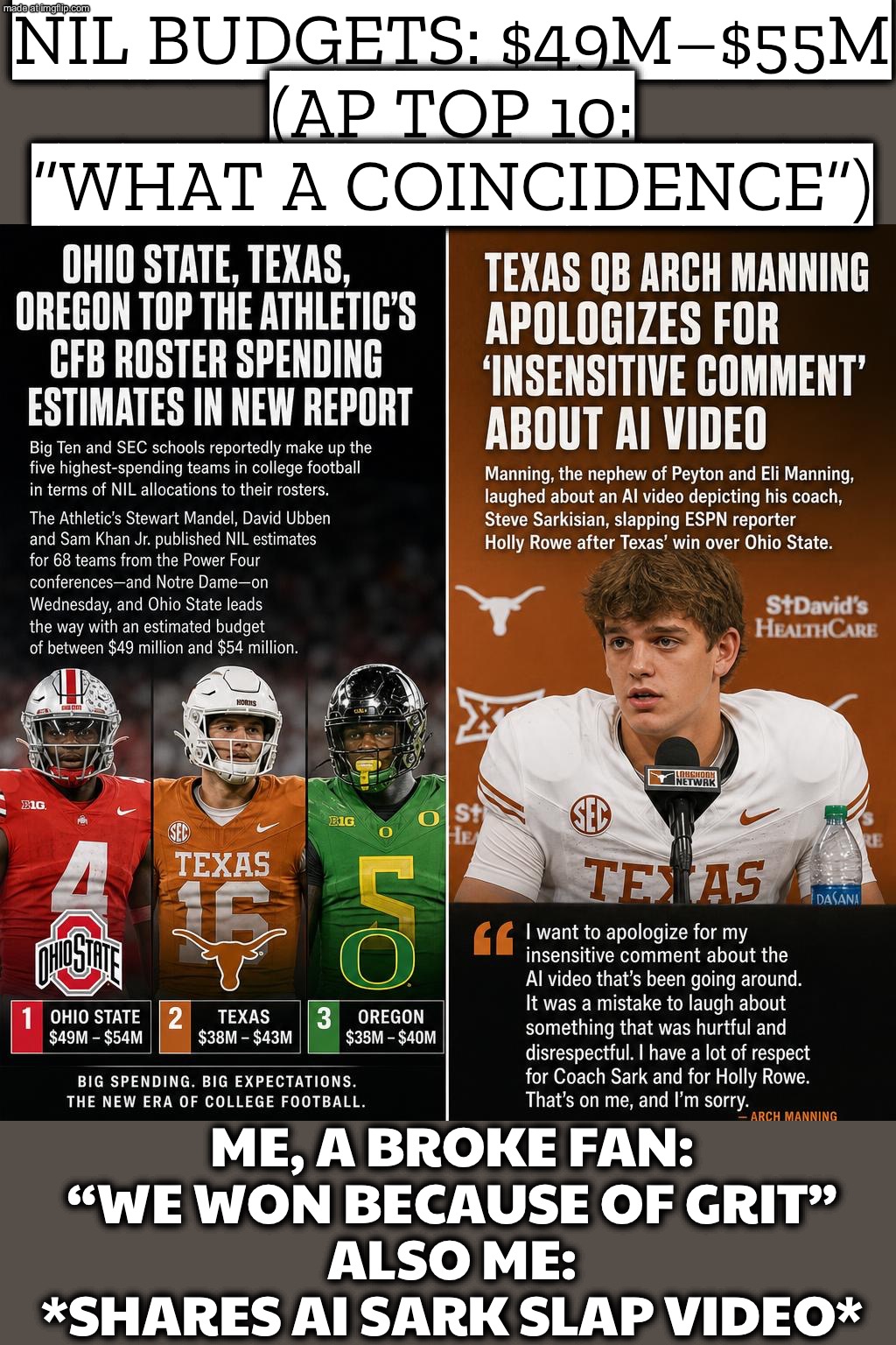 NIL BUDGETS: $49M–$55M BIG TEN + SEC OWN THE TOP 5; BUT SURE, IT’S THE AI MEMES THAT NEED AN APOLOGY | NIL BUDGETS: $49M–$55M
(AP TOP 10: “WHAT A COINCIDENCE”); ME, A BROKE FAN:
“WE WON BECAUSE OF GRIT”
ALSO ME:
*SHARES AI SARK SLAP VIDEO* | image tagged in college football,college,football,budget,football meme,artificial intelligence | made w/ Imgflip meme maker