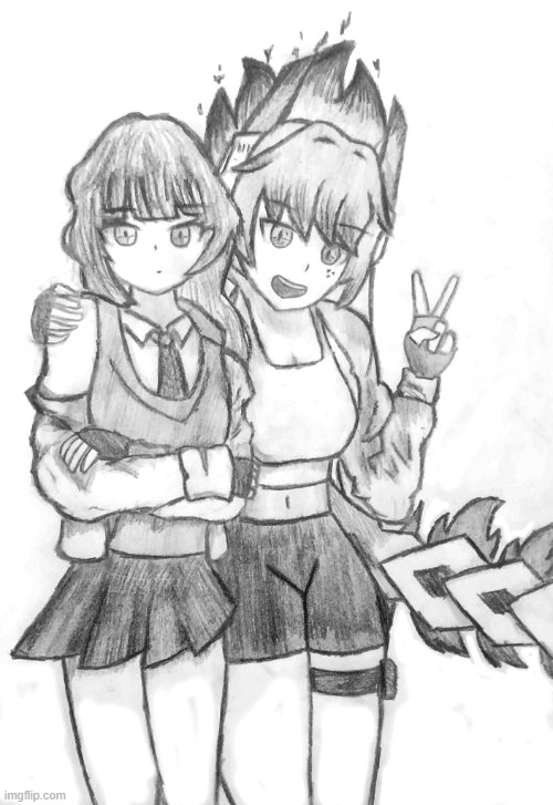 Art trade with Ael, (the left one is their OC named "Sheol" and the right one is my OC named "Kagari") | image tagged in drawing,hinoseki d kagari,adding tags so that it,would be easier to search,back again whenever i want | made w/ Imgflip meme maker