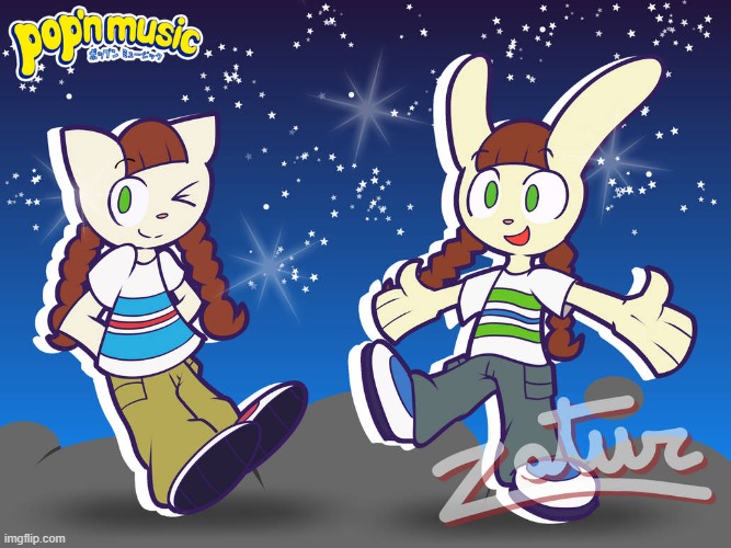 (Art credit: ZaturNaight64) | image tagged in mimi and nyami,pop n' music,japan,fanart,bemani,komani | made w/ Imgflip meme maker
