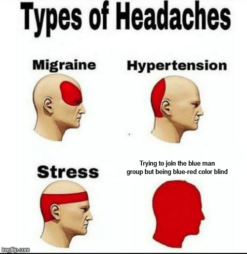 Types of Headaches meme | Trying to join the blue man group but being blue-red color blind | image tagged in types of headaches meme | made w/ Imgflip meme maker