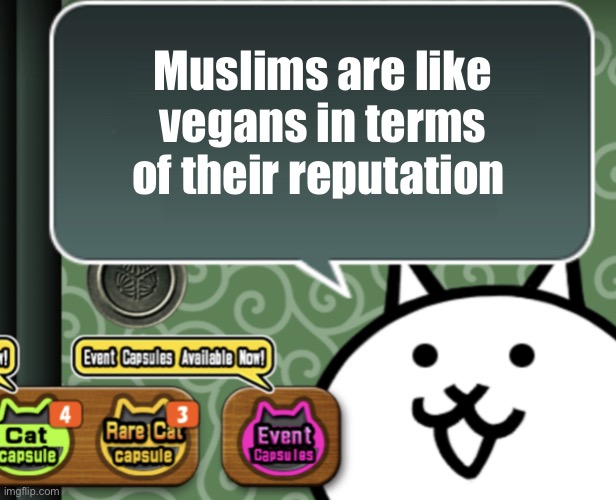 We are NOT claiming these extremists | Muslims are like vegans in terms of their reputation | image tagged in the basic cat says something | made w/ Imgflip meme maker