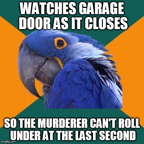 Paranoid Parrot Meme | WATCHES GARAGE DOOR AS IT CLOSES SO THE MURDERER CAN'T ROLL UNDER AT THE LAST SECOND | image tagged in memes,paranoid parrot | made w/ Imgflip meme maker