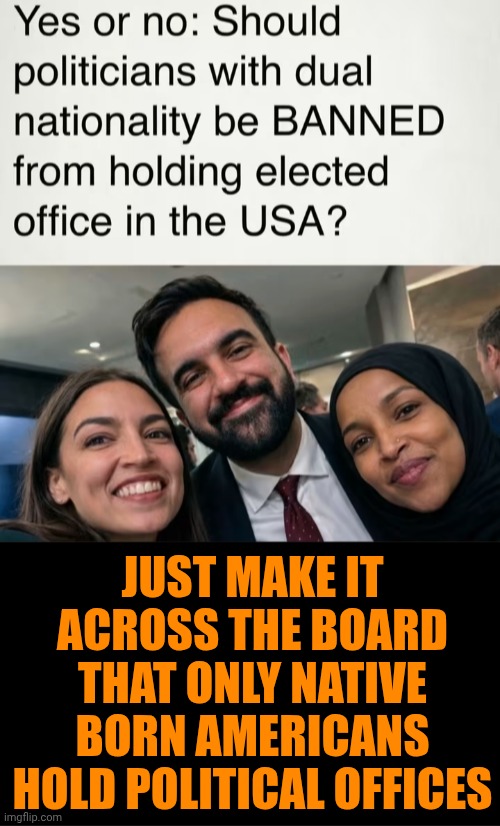 Funny | Just make it across the board that only native born Americans hold political offices | image tagged in funny,politics,us government,usa,office,law and order | made w/ Imgflip meme maker