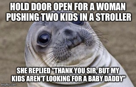 Awkward Moment Sealion Meme | HOLD DOOR OPEN FOR A WOMAN PUSHING TWO KIDS IN A STROLLER SHE REPLIED "THANK YOU SIR, BUT MY KIDS AREN'T LOOKING FOR A BABY DADDY" | image tagged in memes,awkward moment sealion,AdviceAnimals | made w/ Imgflip meme maker