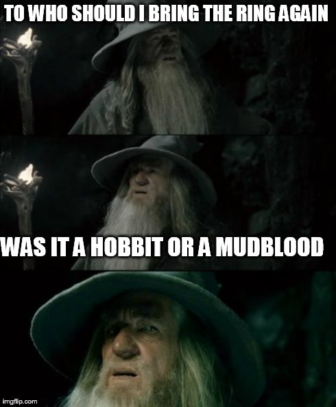gandalf confusing lord of the rings with harry potter again 
 | TO WHO SHOULD I BRING THE RING AGAIN  WAS IT A HOBBIT OR A MUDBLOOD | image tagged in memes,confused gandalf | made w/ Imgflip meme maker