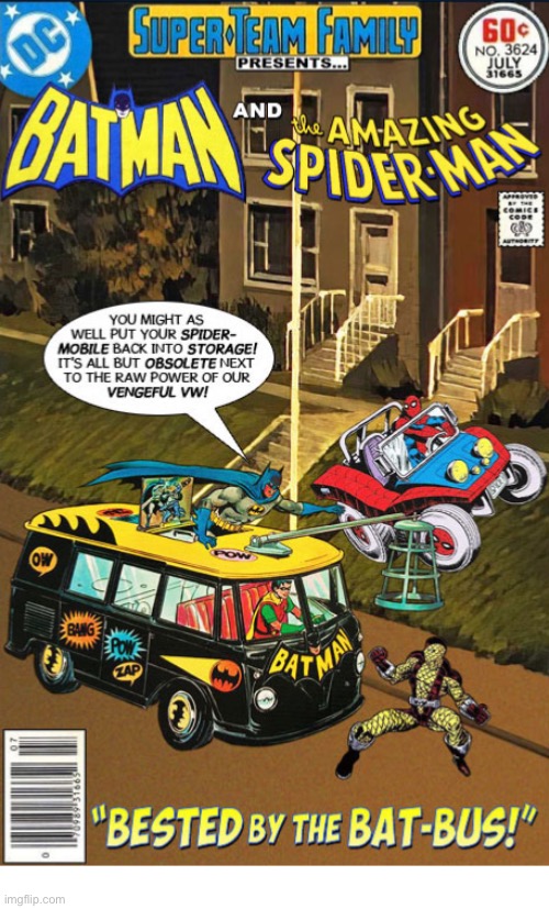 When super-vehicles collide! | image tagged in comics,super team family,crossover,batman,spiderman,vehicles | made w/ Imgflip meme maker