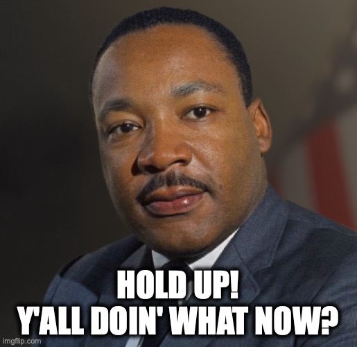 MLK Rolling in His Grave | hold up!
y'all doin' what now? | image tagged in martin luther king jr | made w/ Imgflip meme maker