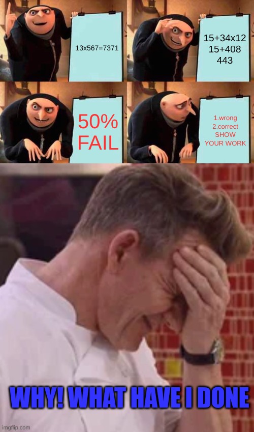 13x567=7371; 15+34x12
15+408
443; 50%
FAIL; 1.wrong
2.correct
SHOW YOUR WORK; WHY! what have I done | image tagged in memes,gru's plan,shaking head gordon ramsey | made w/ Imgflip meme maker