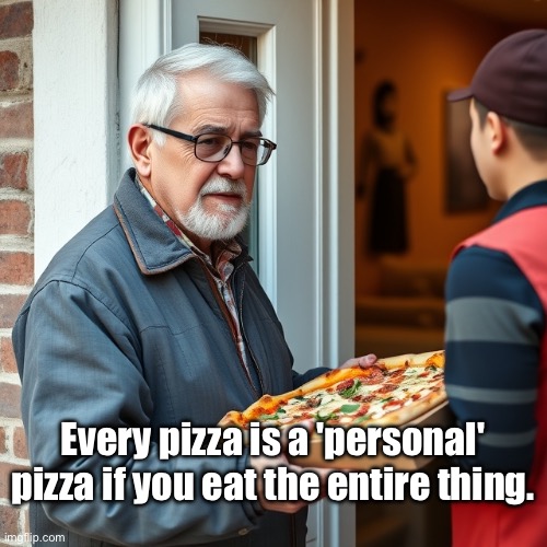 Personal Pizza | Every pizza is a 'personal' pizza if you eat the entire thing. | image tagged in img_0633 jpeg,pizza,personal | made w/ Imgflip meme maker