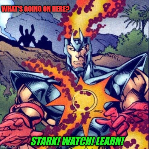 Doctor Doom schools Tony Stark | What's going on here? Stark! Watch! Learn! | image tagged in gabriel lann airwalker,iron man,doctor doom,herald of galactus,learning | made w/ Imgflip meme maker