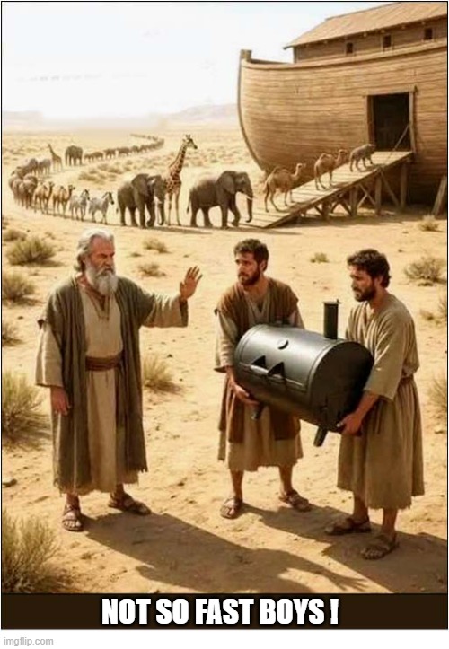 Noah Says No ! | not so fast boys ! | image tagged in noah's ark,barbecue,refusal | made w/ Imgflip meme maker