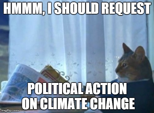 I Should Buy A Boat Cat Meme | HMMM, I SHOULD REQUEST POLITICAL ACTION ON CLIMATE CHANGE | image tagged in memes,i should buy a boat cat | made w/ Imgflip meme maker