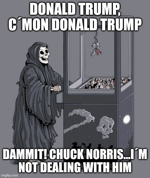 It´s sad | Donald trump, c´mon donald trump; dammit! chuck norris...I´m not dealing with him | image tagged in grim reaper claw machine,donald trump,chuck norris,death | made w/ Imgflip meme maker