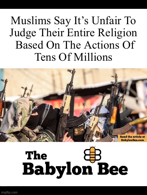 Actions speak louder than words, but their words are extremely loud as well | Muslims Say It’s Unfair To 
Judge Their Entire Religion 
Based On The Actions Of
Tens Of Millions | image tagged in political meme,the babylon bee,islam,muslims,unfair to judge,the actions of tens of millions | made w/ Imgflip meme maker