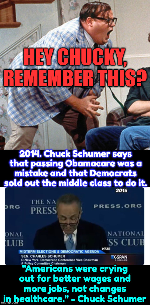 Chucky let the truth slip | Hey Chucky, remember this? 2014. Chuck Schumer says that passing Obamacare was a mistake and that Democrats sold out the middle class to do it. "Americans were crying out for better wages and more jobs, not changes in healthcare." - Chuck Schumer | image tagged in chuck schumer,2014,obamacare | made w/ Imgflip meme maker