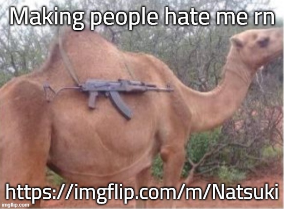 tactical camel | Making people hate me rn; https://imgflip.com/m/Natsuki | image tagged in tactical camel | made w/ Imgflip meme maker