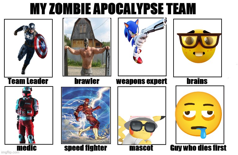 Is this a good team? | image tagged in my zombie apocalypse team,the flash,toxic,sonic the hedgehog,guns,nerd | made w/ Imgflip meme maker
