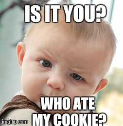Skeptical Baby | IS IT YOU? WHO ATE MY COOKIE? | image tagged in memes,skeptical baby | made w/ Imgflip meme maker