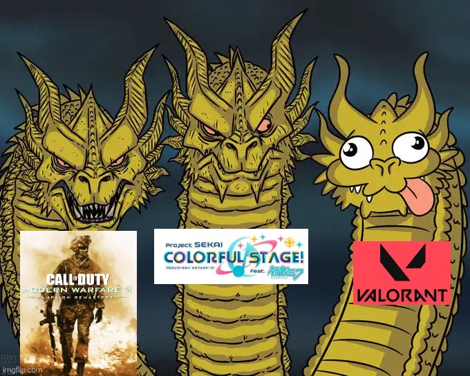 2020 in gaming in a nutshell. | image tagged in three-headed dragon,call of duty,project sekai,fps,gaming,valorant | made w/ Imgflip meme maker