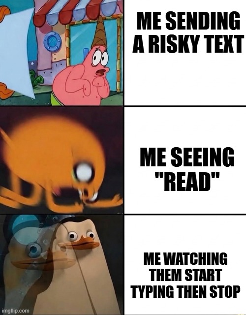 risky text | me sending a risky text; me seeing "read"; me watching them start typing then stop | image tagged in memes | made w/ Imgflip meme maker
