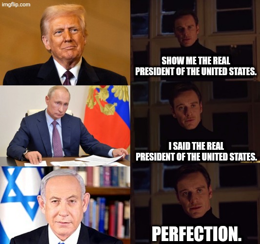 Trump isn't the real president, neither is Putin, Bible Netanyahu is | Show me the real president of the United States. I said the real president of the United States. Perfection. | image tagged in perfection,donald trump,vladimir putin,benjamin netanyahu,israel,corruption | made w/ Imgflip meme maker